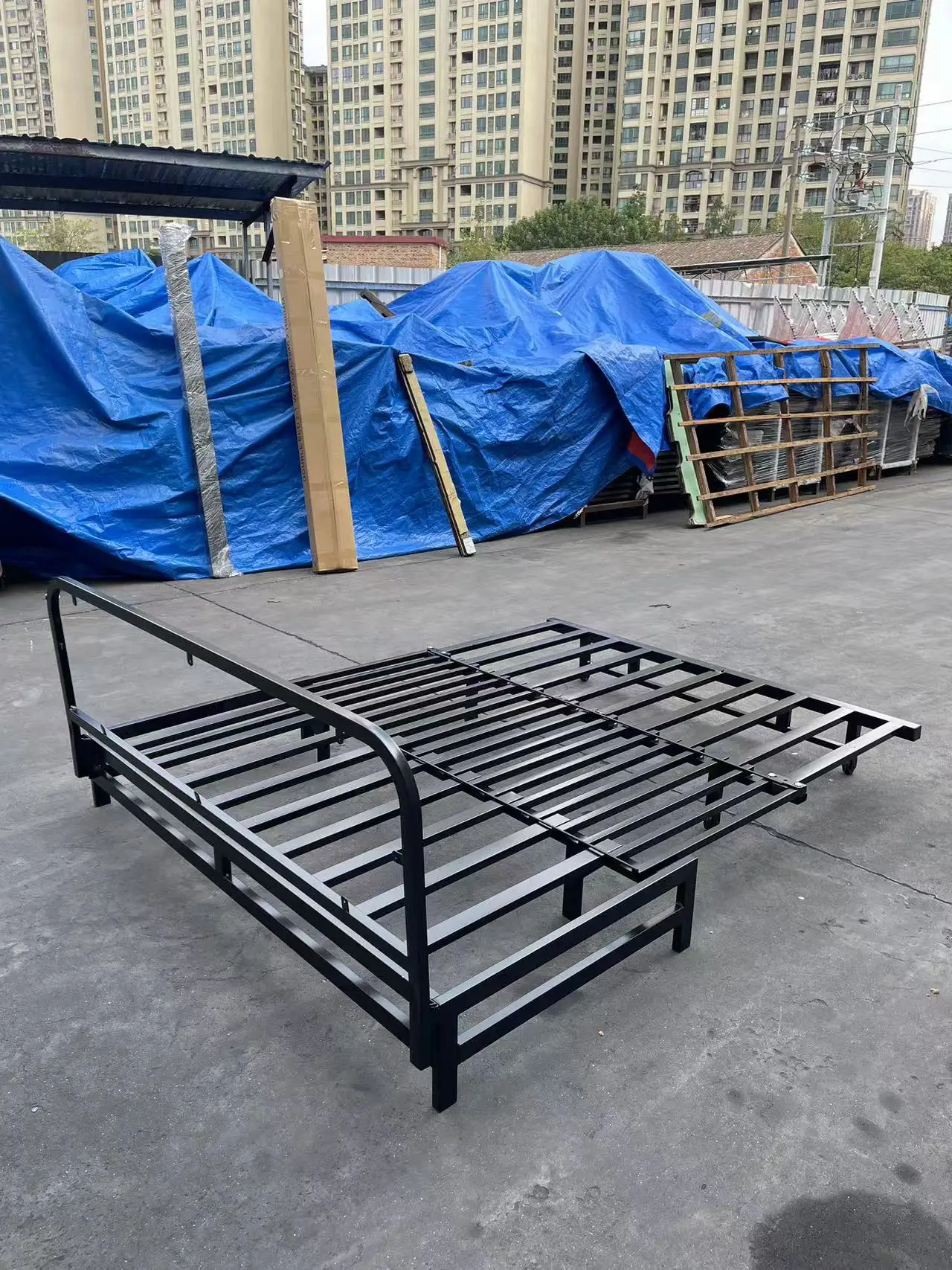 Commercial Furniture Iron Frame Double Bed Ribbed Bed Folding Factory Price