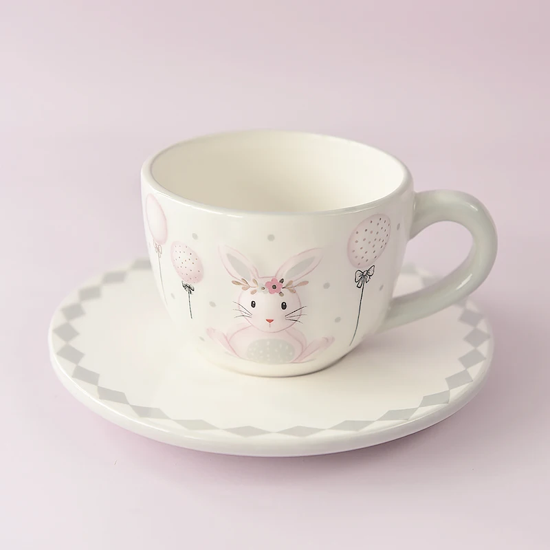 Bunny with Gold Laurel Wreath Ceramic Teacup Saucer Pink Easter Decorate with Hot Air Balloon