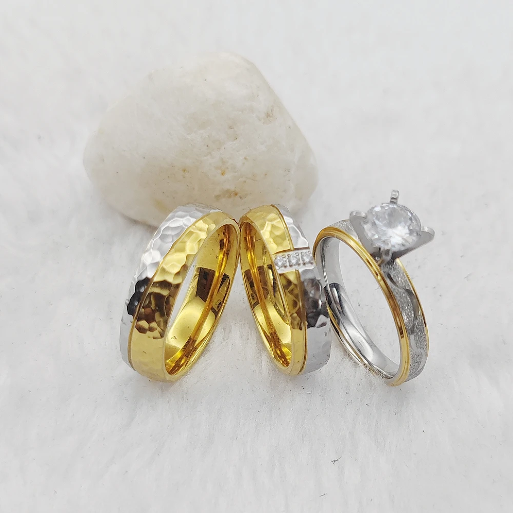 Unique Designer USA Jewellery Golden Hammered 3pcs Bridal Set Wedding Engagement Couples Rings For Men and Women