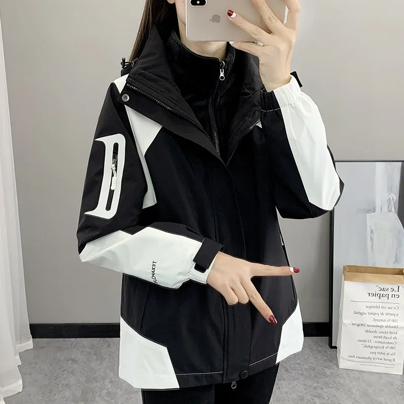 2024 Unisex Three-in-One Windproof Waterproof Ski Jacket Stand Collar Hooded Solid Pattern Fall Winter Outwear Men Women XL Size