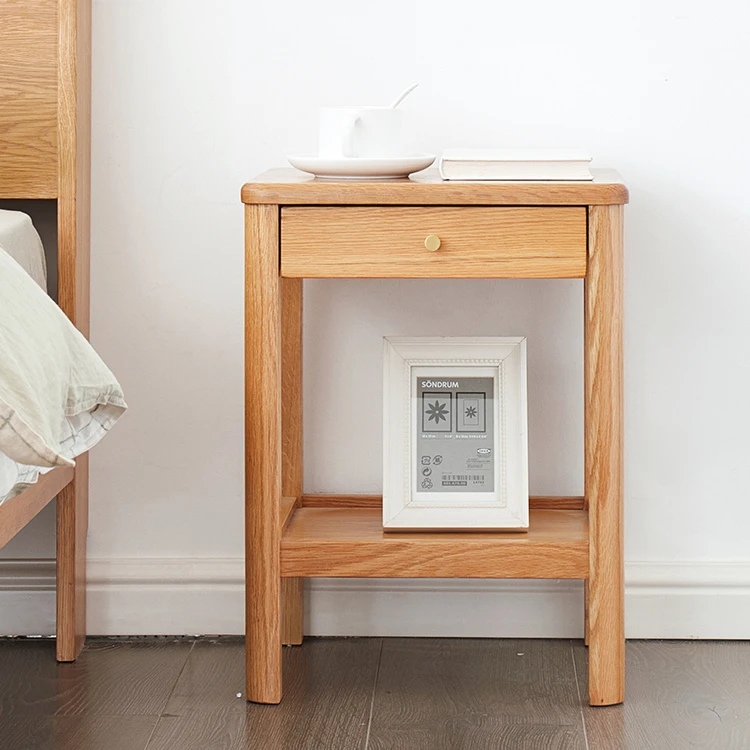 Living room bedroom solid wood corner table 2 layers wooden sofa bed side table with drawer