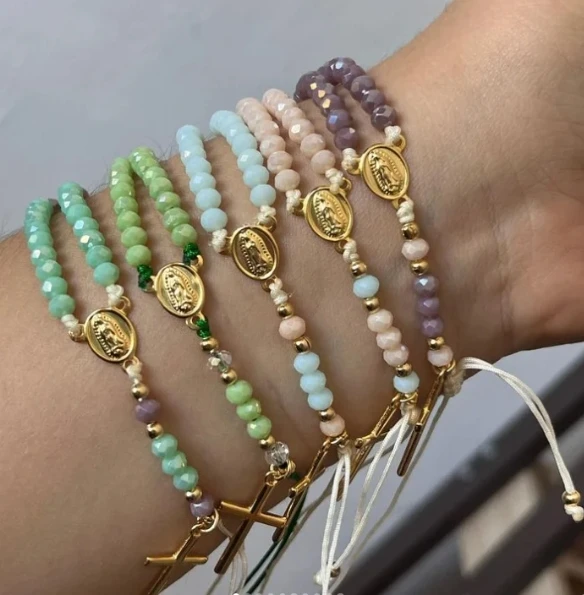 Simple Style Boho Virgin Mary Cross Bracelet Handmade Adjust Rope Bracelet For Girls Dainty Gift