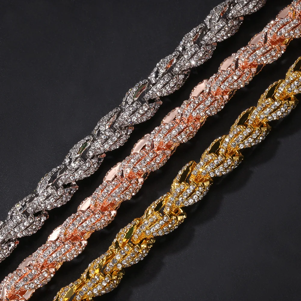 Link Chain Twisted Icd Out Full CZ Diamond Rope Chain Necklace Gold Solid Mes 9MM Pop Alloy Party Necklace Zircon Unisex Jewelry