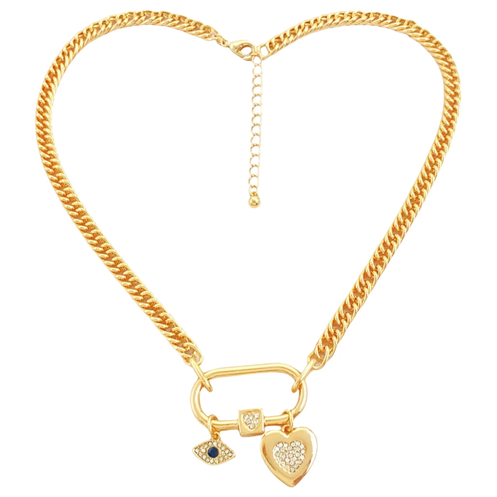Simple creative new fashion gold plated eye relief alien love heart rhinestone lock alloy necklace for women