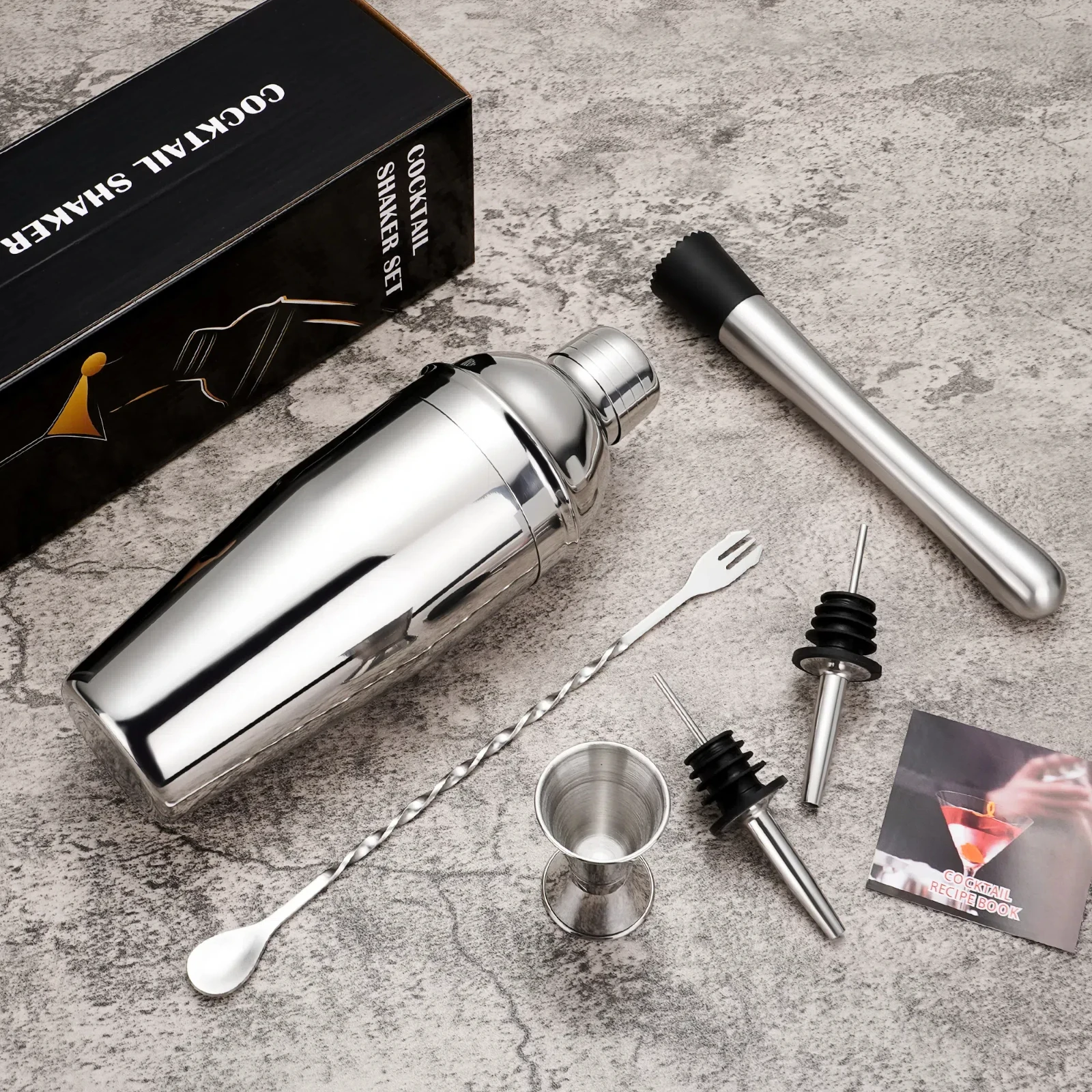 Hot Sell Bar Accessories Tool Martini Shaker Measuring Jigger Mixing Spoon Stainless Steel Bartender Kit Set