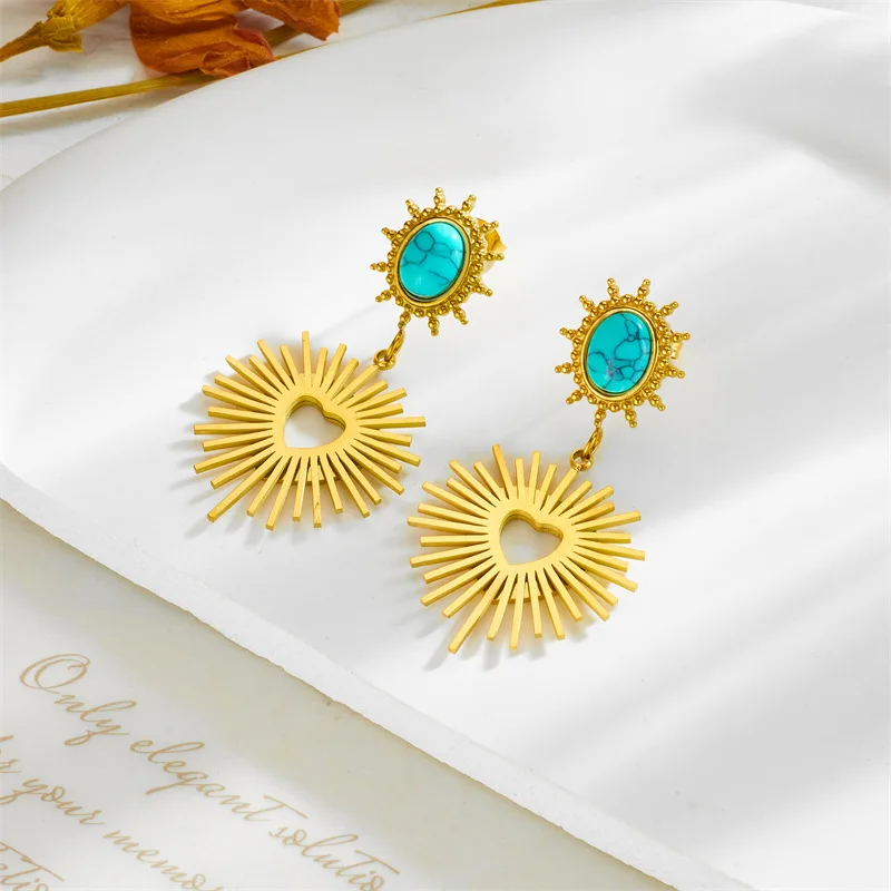 Y&J New Tarnish Free 18k Gold Plated Stainless Steel Turquoise Heart Drop Earrings For Women Jewelry