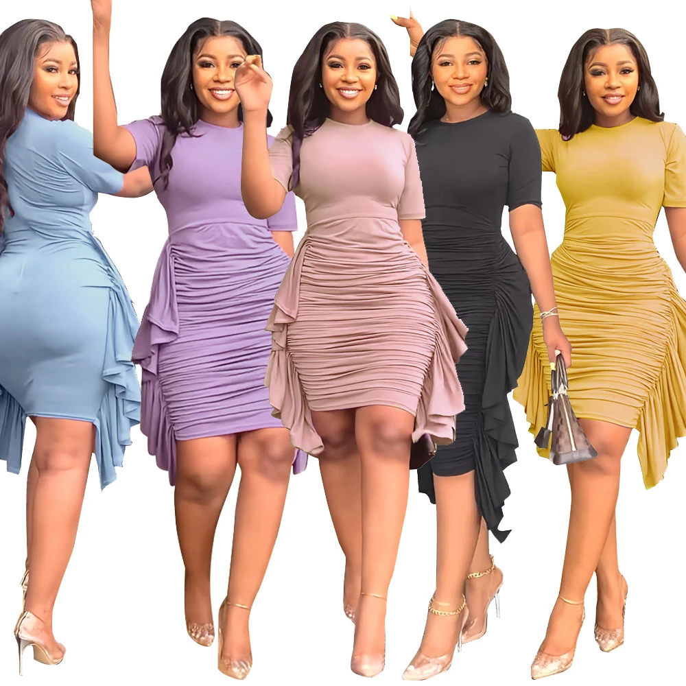 MD-2022062102    casual fashion short sleeve ruffle stacked solid women mini dress