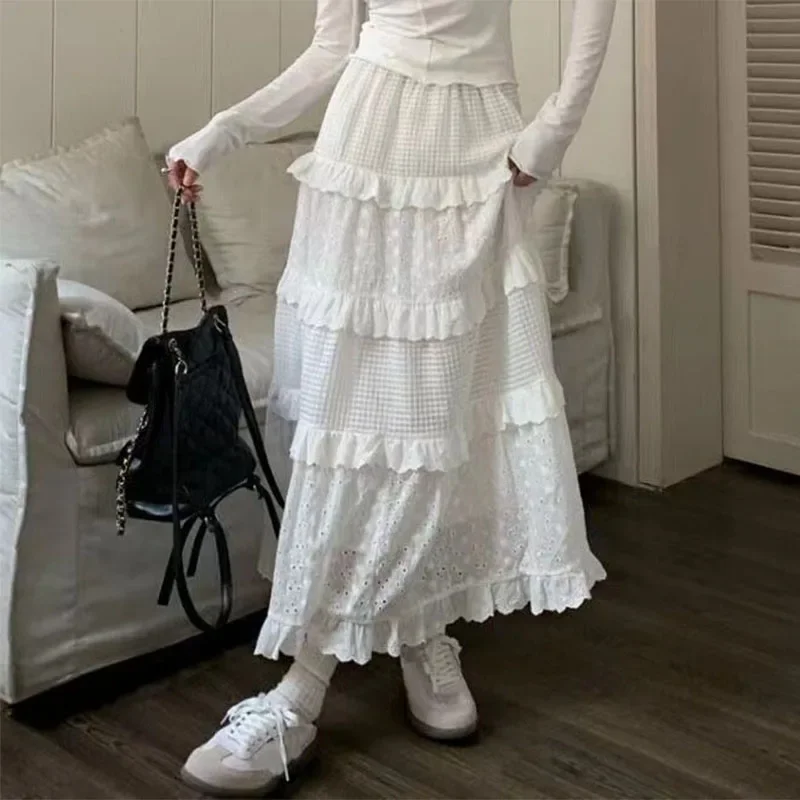 Women White Lace Skirts High Waist A-line Simple Cake Dress Multilayer Ruffles 2024 Spring Summer Ladies Elegant Pleated Skirts