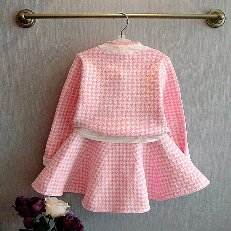 Autumn Plaid Knitted Houndstooth Kids Cardigan Girls Clothes Skirt 2 Pieces Children Suit Clothing Sets