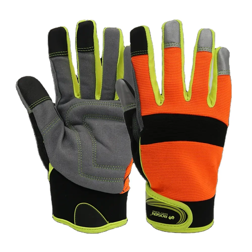 High Visibility Fluorescent Cheap Elastic Synthetic Leather Microfiber Touch Screen Impact Mechanic Gardening Safety Work Gloves