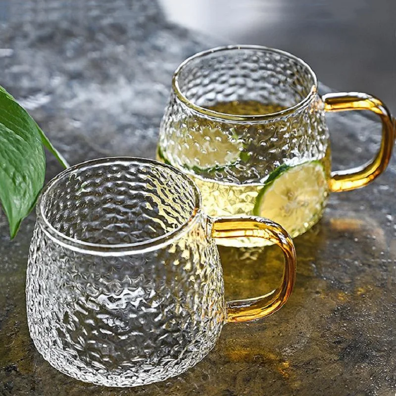 
15oz High Borosilicate Glass Cup With Gold Handle Hand blown Hammer Grain glass Mug 