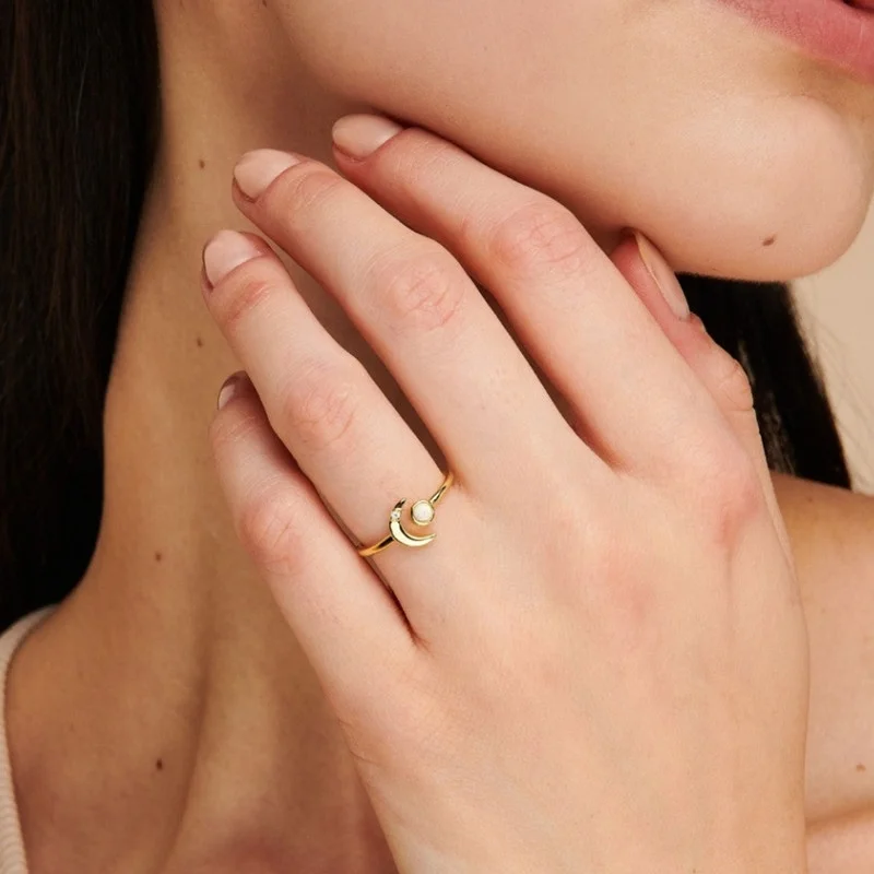 INS Moon Stone Opal Moon Sun Open Stainless Steel Ring 18K Gold Plated Adjustable Finger Rings Waterproof Tarnish Free Jewelry