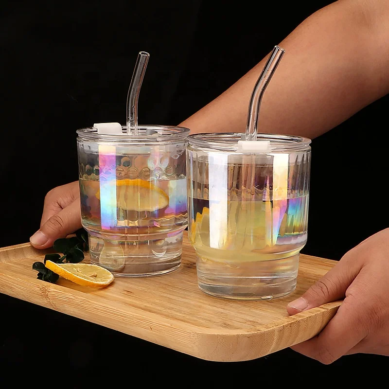 Glass Tumbler Colorful Glass Coffee Cup with Lid and Straw Modern Design Drinking Glass Cup