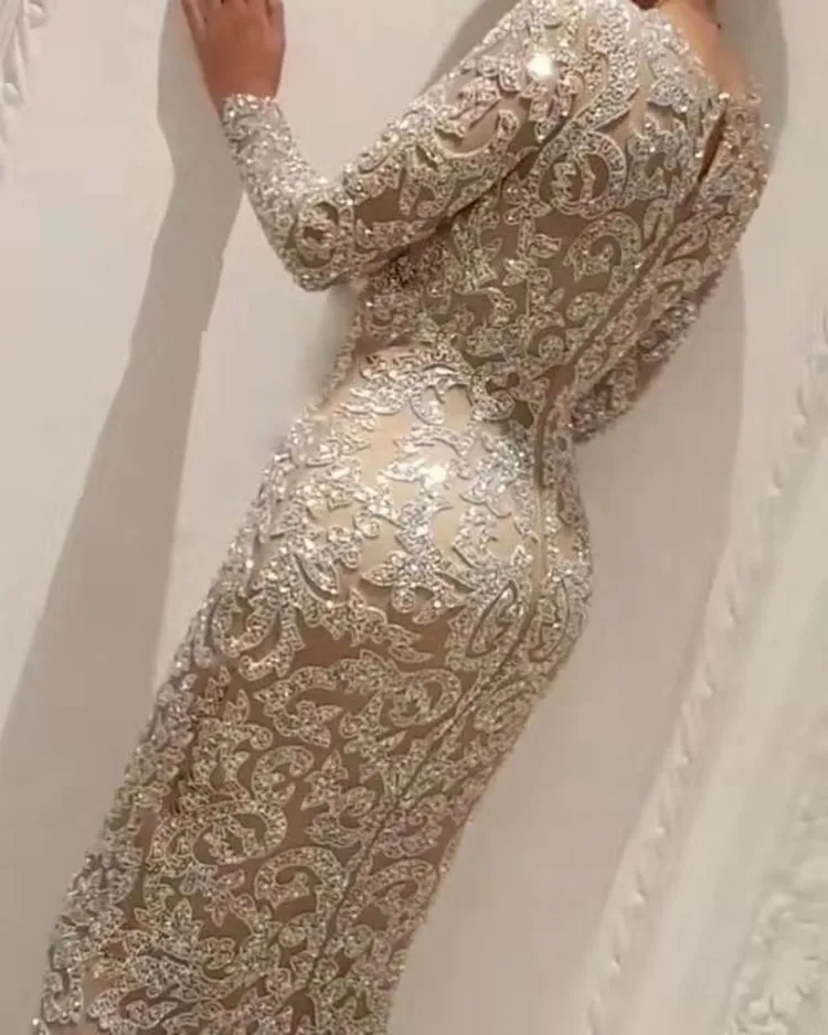 New Sexy O Neck Mermaid Evening Dress Long Formal Prom Party Gown Full Sequins long Sleeve Galadress Vestidos Occassion Dresses