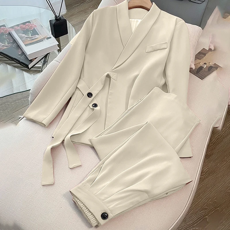 2024 Women Suit Coat + Long Pants Suits 2 Piece Set Solid Color Jacket Blazer Pants Spring Autumn Lady Office Casual Suits