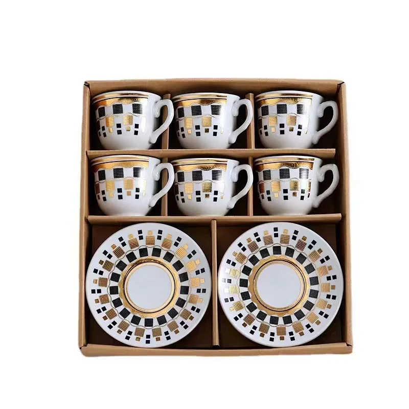 Wholesale 12 Pcs Western Royal Home Decors Ceramic Coffee & Tea Set With Gold Handle