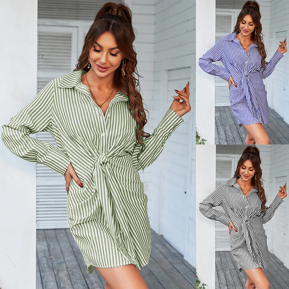 2022 Formal office lady long sleeve striped korean casual shirt women career dresses