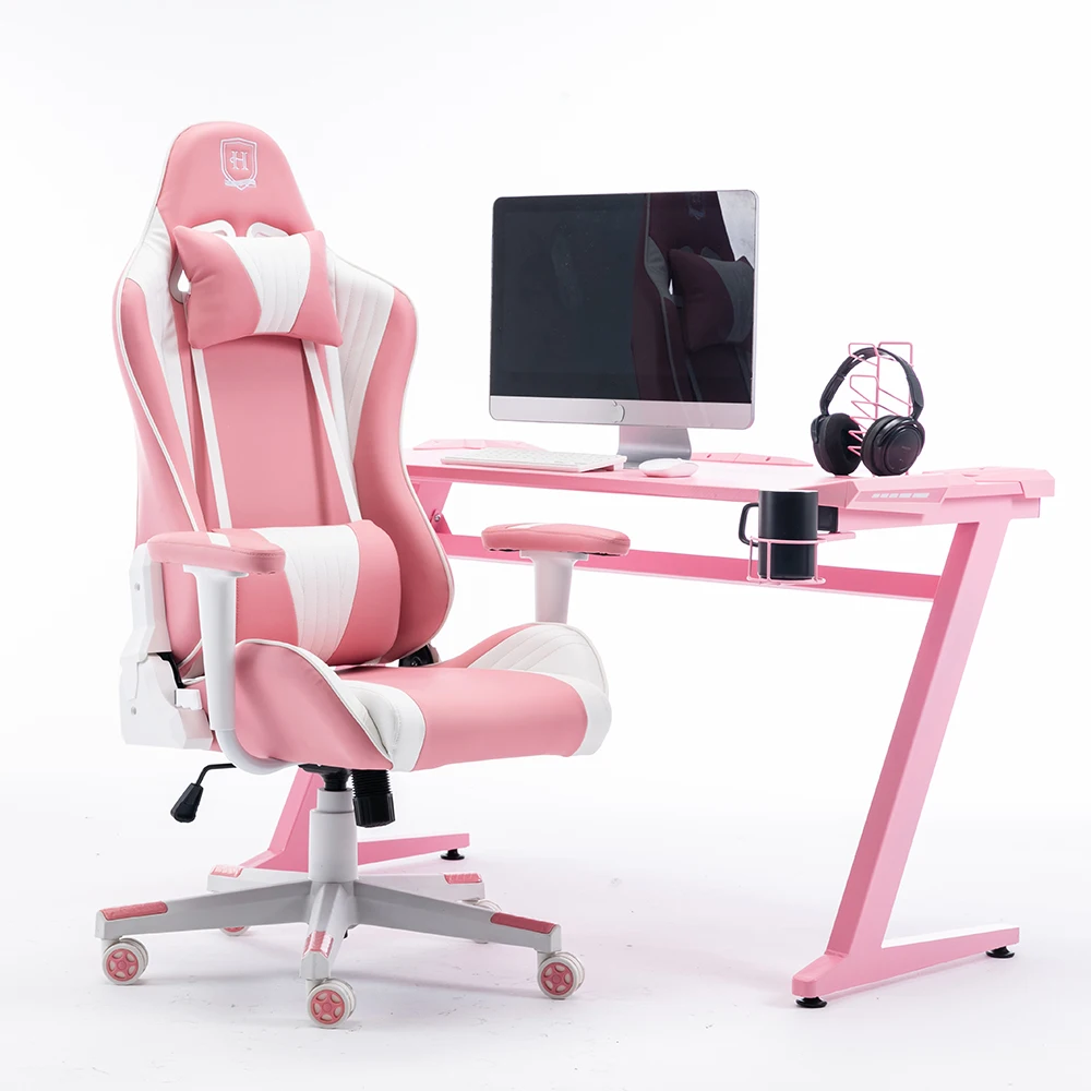 LED light mesa gamer gaming desk pink gaming chair with table