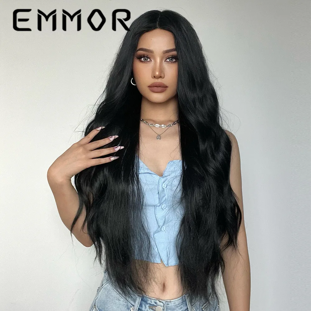 Large Inventory Long Curly Wavy Hair Wigs Fashion Gradient Butterfly Haircut Wigs Middle Part Black Synthetic Fiber Hair Wigs
