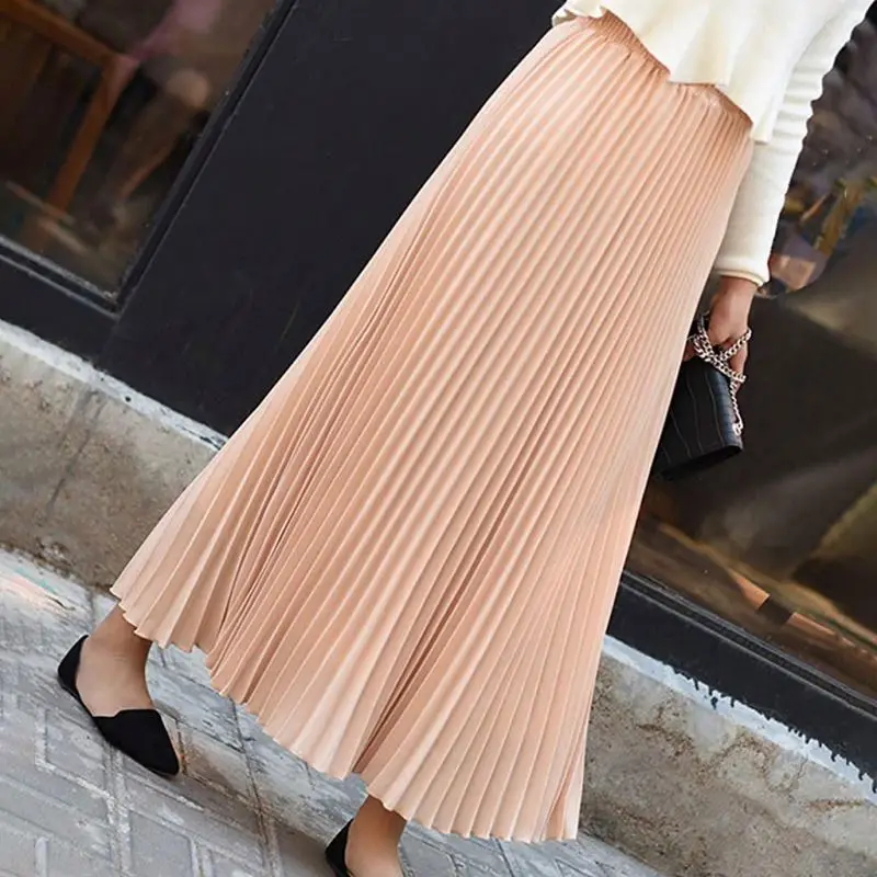 Spring Women Solid pleated skirt Elegant Casual Office Midi Elastic Waist Maxi Skirt Chiffon pleated skirt A-line Mid-length 10%