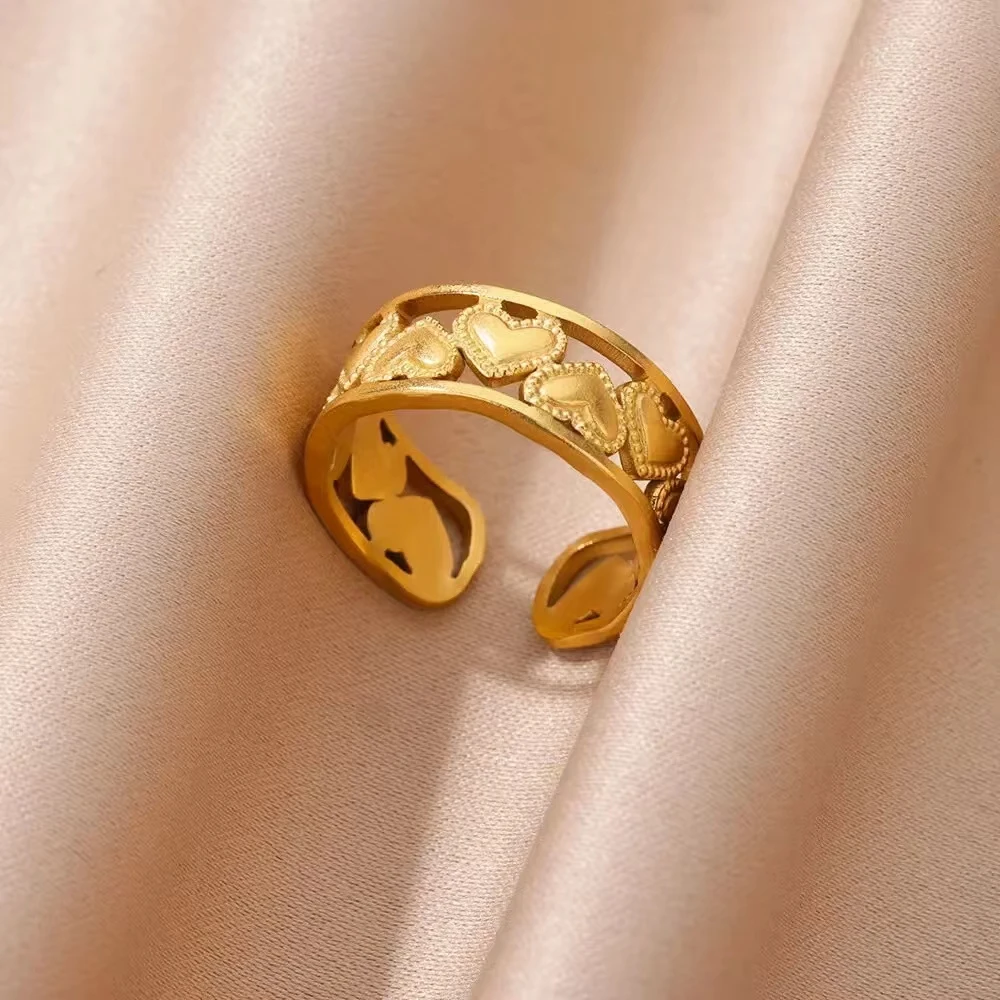 Wholesale 18k Gold Plated Stainless Steel Superposition Heart Shape Love Heart Adjustable Open Ring Jewelry
