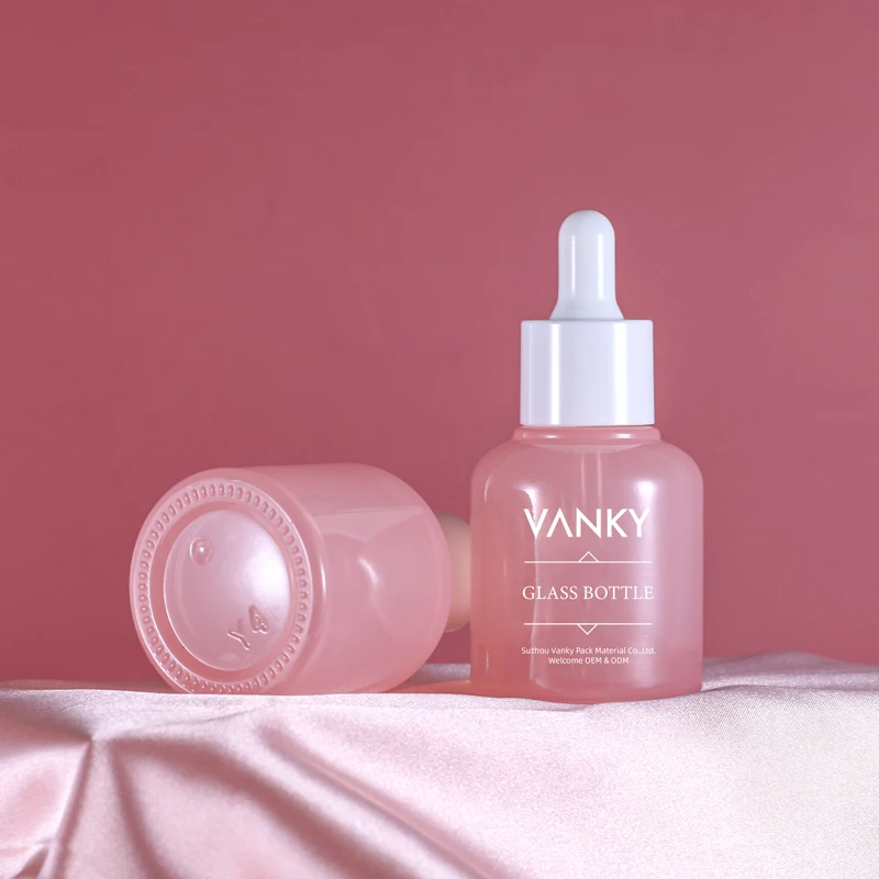 New Design Custom Round Shoulder Thick Bottom 30ml Pink Essential Oil Serum Glass Dropper Bottle For Cosmetic Packaging