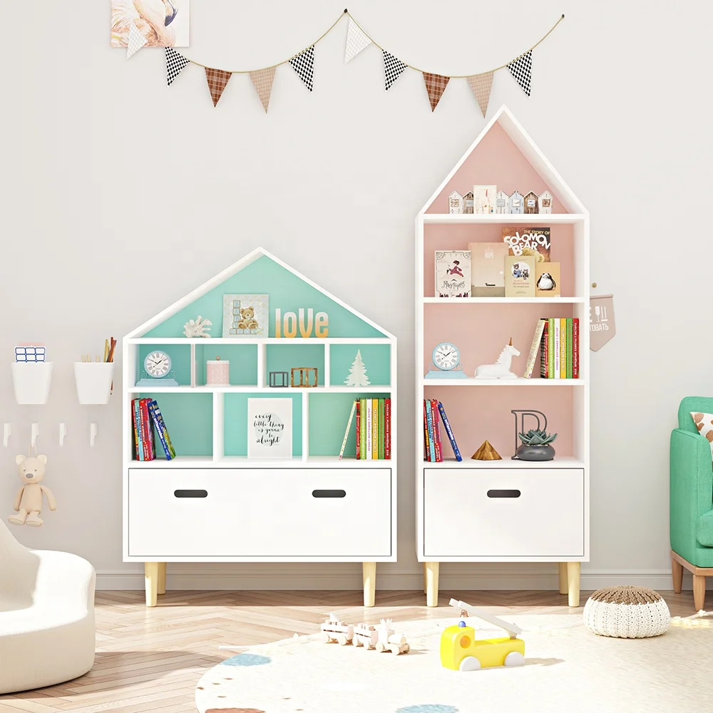 Modern Wood House Shaped Children Kid Bookshelf Bookcase with Drawer, Book Organizer Shelf Toy Storage Rack Cabinet for Children