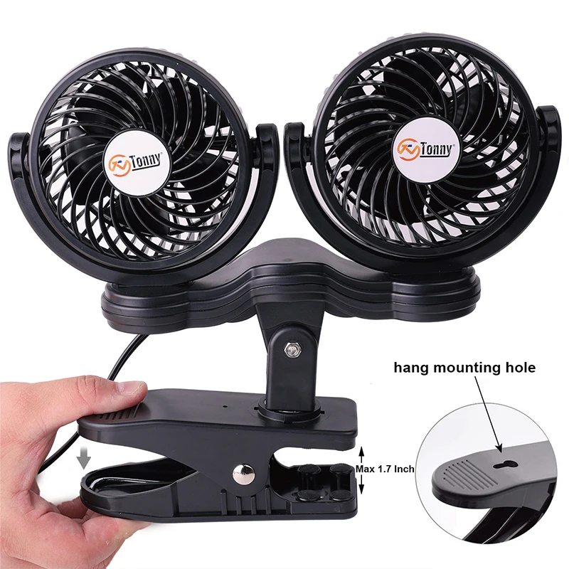 Factory Made Hot Sell 12V Clip-on Dual-Head double Car Fan with variable speed control and heavy duty clip
