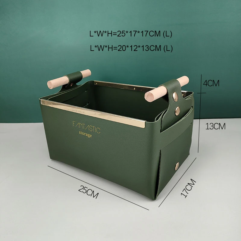 2021 новый дизайн складная корзина для хранения из искусственной кожи с деревянной ручкой металлические кромки кожаные корзины на