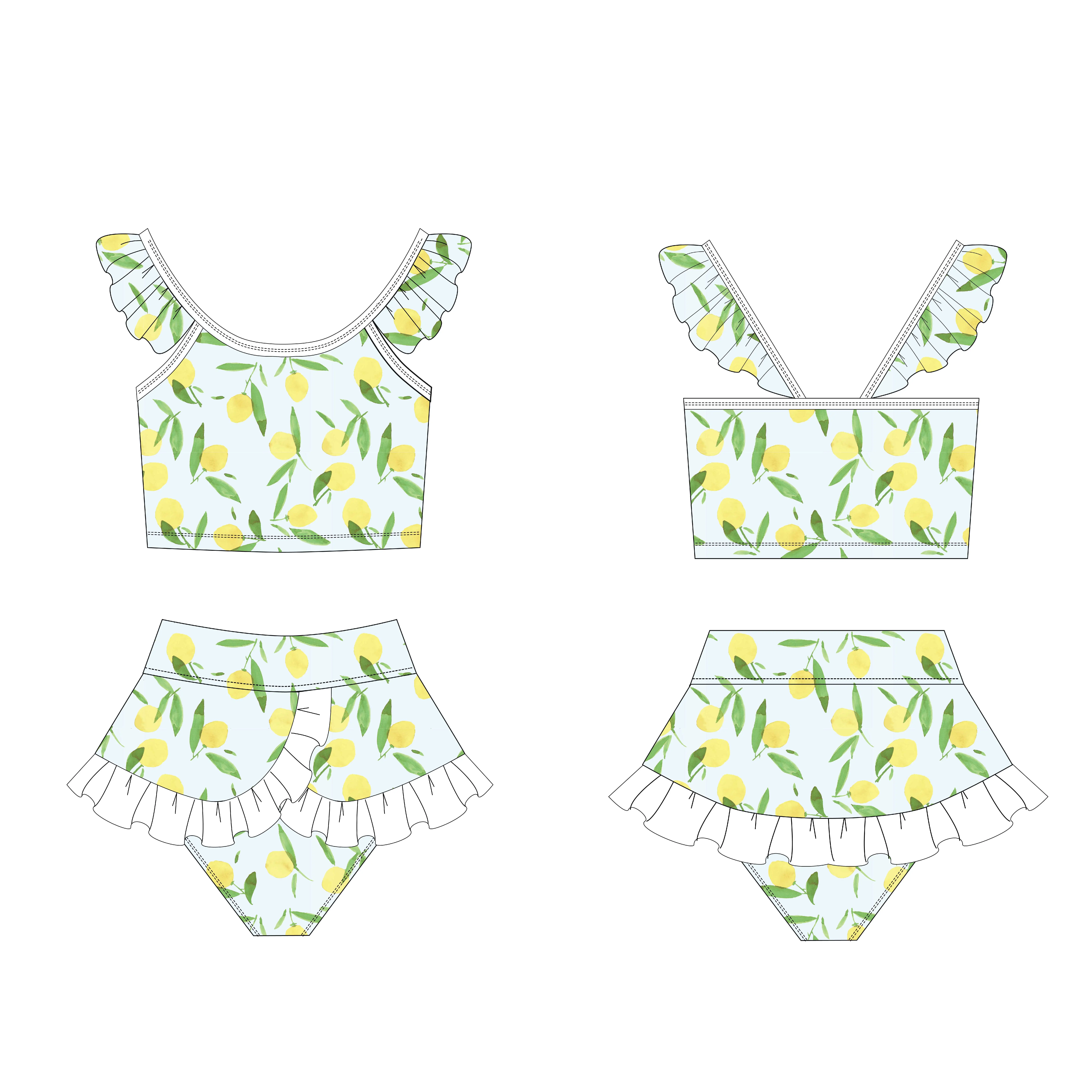 Yihui odm Custom Ruffle two Piece Green Floral baby Swimwear Swimming Suit Kids Swimsuit Children Bikini For Girls