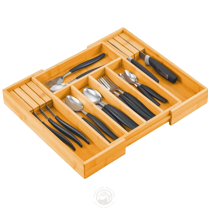 Adjustable Design Natural with Knife Holder Bamboo silverware organizer - expandable kitchen drawer for Cutlery and Utensil