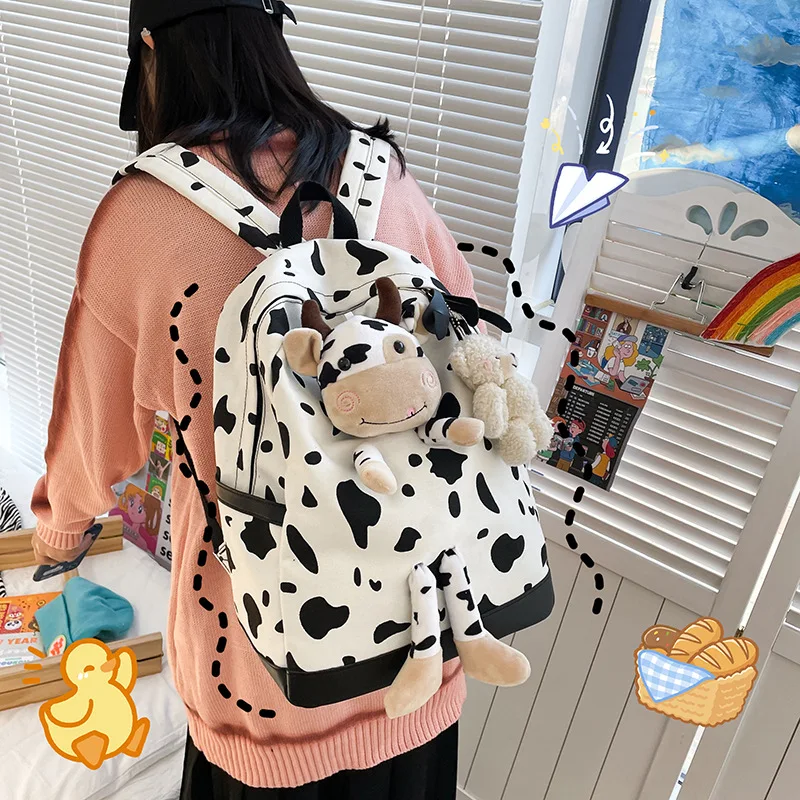 
Cow Pattern Backpack Girl Japanese Sweet And Cute Girl Junior High School Students Large Capacity School Bag Women 