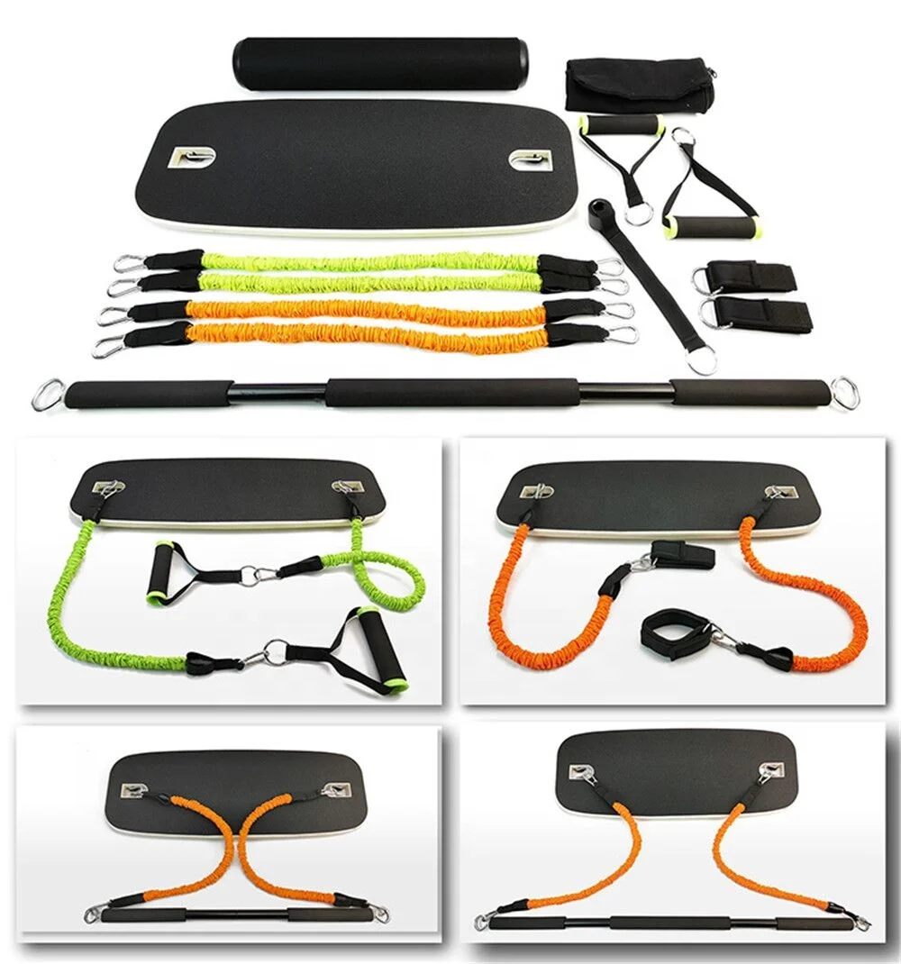 Fitness Set with Wooden Balance Board and Elastic Resistance Bands and Collapsible Pull Up Bar for Whole Body Exercise