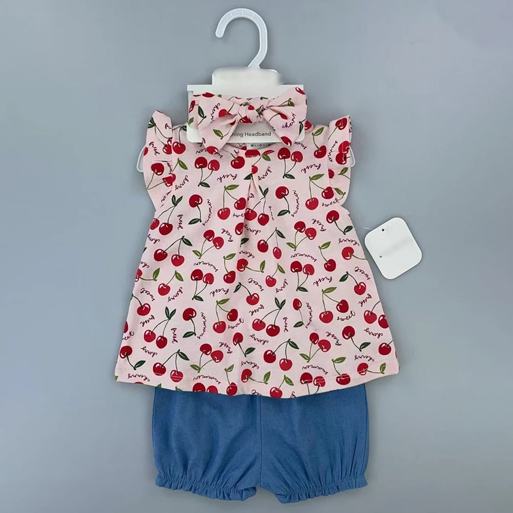 High Quality 100% organic Cotton Girls Summer Clothing 3pcs Set 0-12m Wholesale Newborn Baby Sleeveless Top+Shorts+Headband Suit
