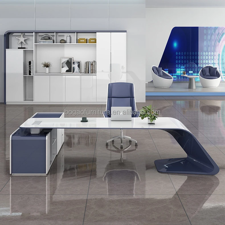 Luxury white MDF glossy CEO ergonomic corner modern high end home executive manager desk with side drawers l-shape office desk