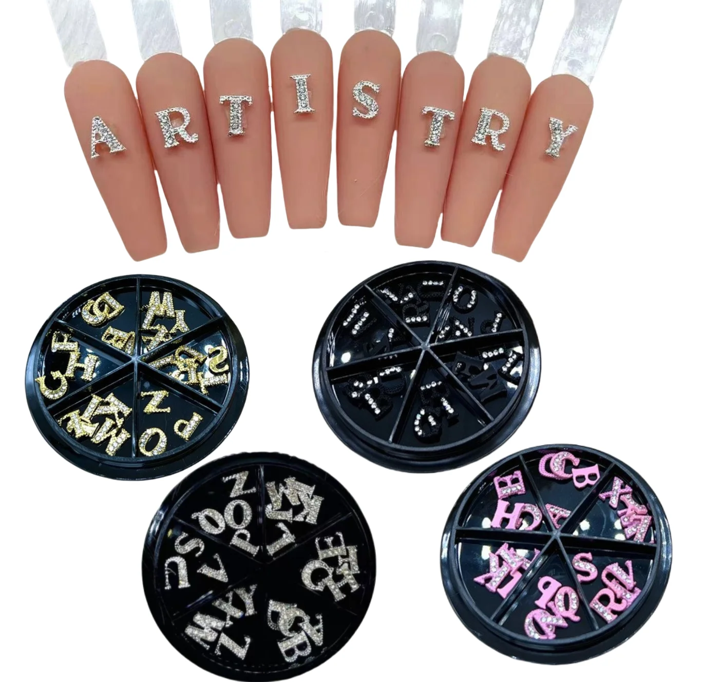 Wholesale Disk Alloy Water Diamond Letter Word Nail Decoration Shiny Luxury 26 Alphabet Nail Charms