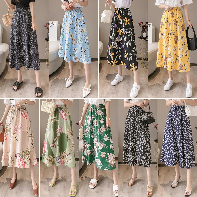 New design high quality lady flower skirt high waist long chiffon female floral skirt