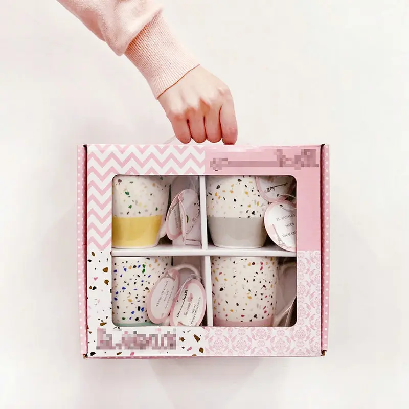 A Color Box Cup 10 Oz Gift Set Mug Ceramic & Enamel,ceramic Porcelain,coffee Mugs White and Black Horn Shape for 4 Users Decal