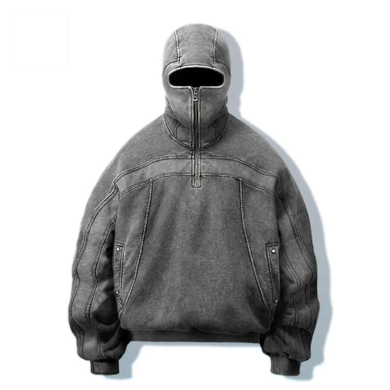 Custom 500 Gsm Blank Faded Oversized Plain 100% Cotton Puff Printing Vintage Acid Washed Zip Up Blank Hoodie Wholesale