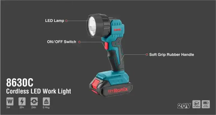Ronix Model 8630c 20v 5w Rechargeable Outdoor Multifunctional Strong Lighting Work Led Torch Light