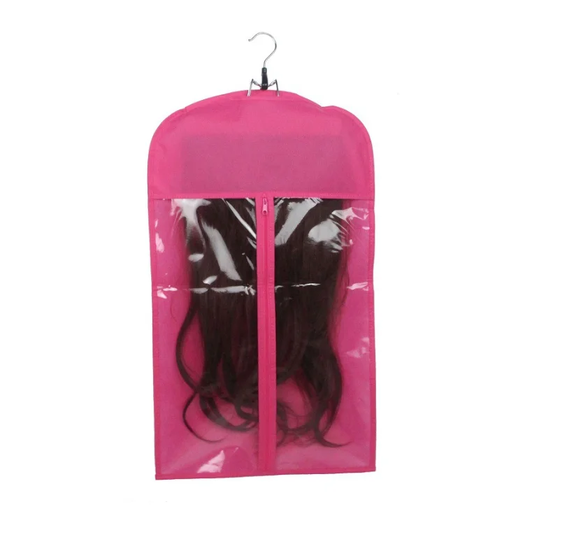 Custom Logo Private Label Non Woven Pink clear PVC hair wig extension packaging bags for hair accessory