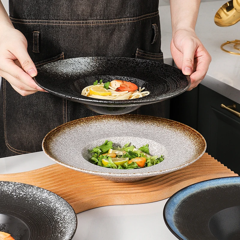 Porcelain Black Round Salad Plate with Rim Ceramic Soup Plate, Direct Factory Deep Plate For Restaurant