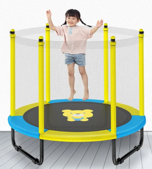 Light yellow/blue new design circle stainless steel indoor bungee trampoline with protective net for children
