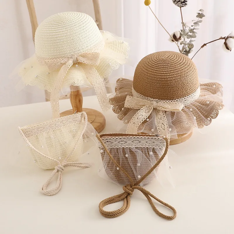 2022 wide brim Summer children new Beach Sun Hat Girl lace pearl Bucket Straw Hat and bag set beautiful outdoor travel hat kids