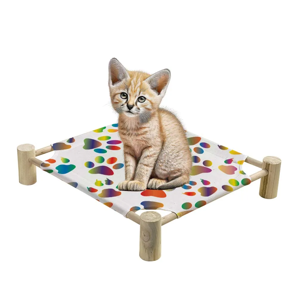 Washable Breathable Linen Fabric Small Pet Bed Square Elevated Cat Hammock with Wooden frame Sublimation Blank Pet Bed
