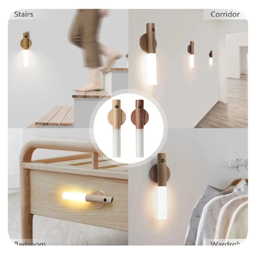 LED Wood USB Night Light Magnetic Wall Lamp Kitchen Cabinet Closet light Home Staircase Bedroom Table Move Lamp Bedside Lighting