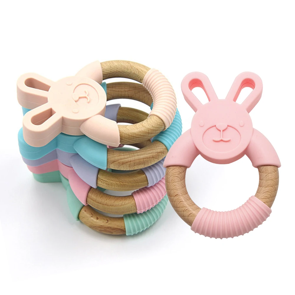Popular Natural Rubber Without BPA food grade 100% Silicone Baby teether Wood Ring teether organic rabbit teether