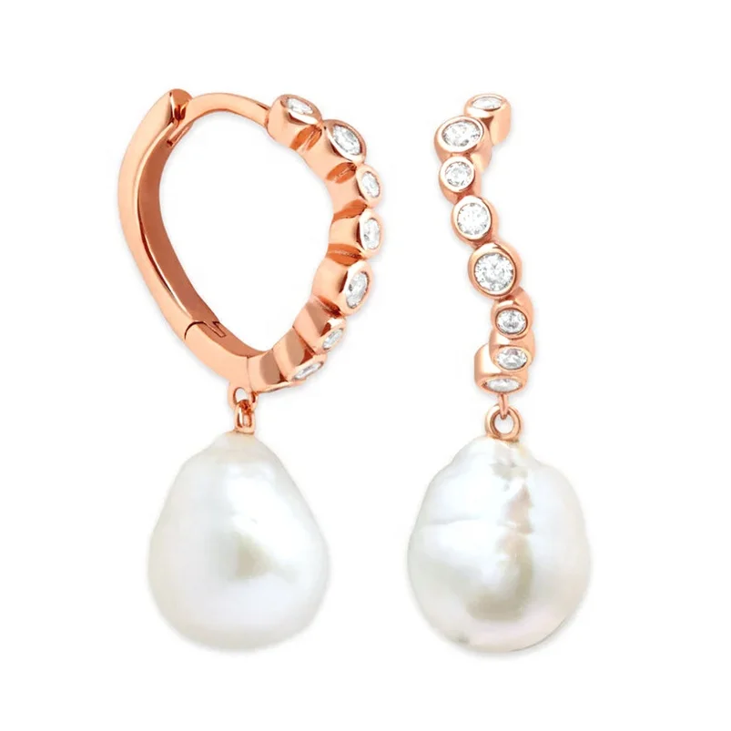 Gemnel 18k gold water wave crystal huggie twisted hoop drop freshwater pearl charm earring