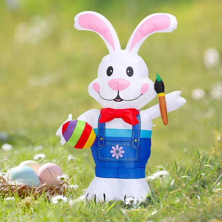Outdoor Easter Inflatable Blue Bunny Holding Egg Inflatable Easter Rabbit Party Festive Outdoor Yard Inflatable Easter Decor