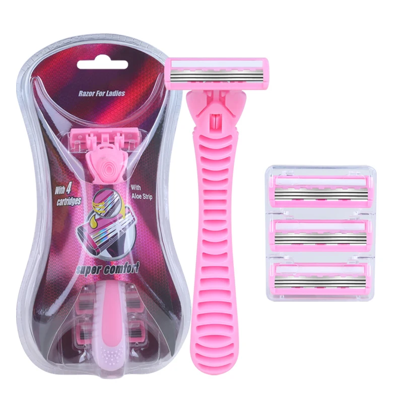 1 handle and 4 Refill Cartridges Disposable Triple Blades Women Razor Body Hair Remover Bikini Blade Pink Ladies Shaving KL3-03W